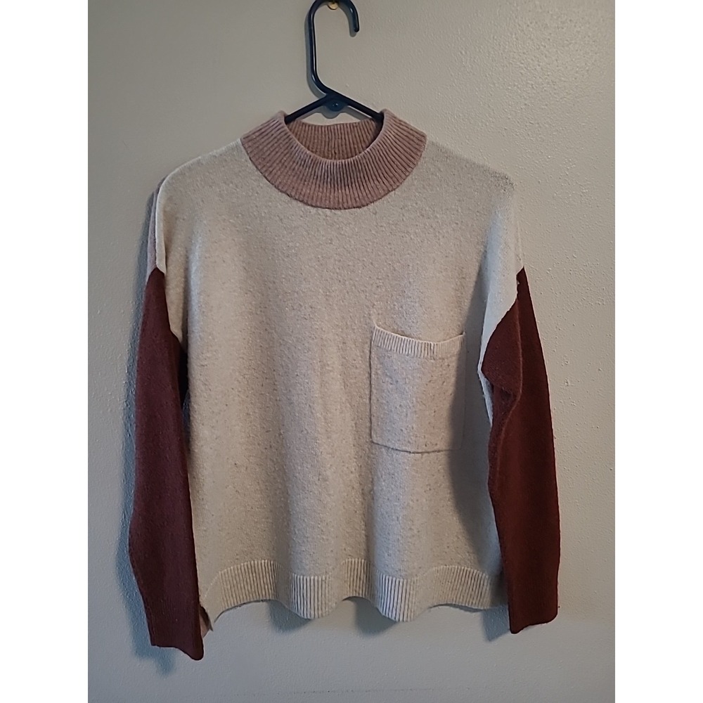Madewell Redmond Mockneck Pocket Sweater in Colorblock Size Small Cream Pink